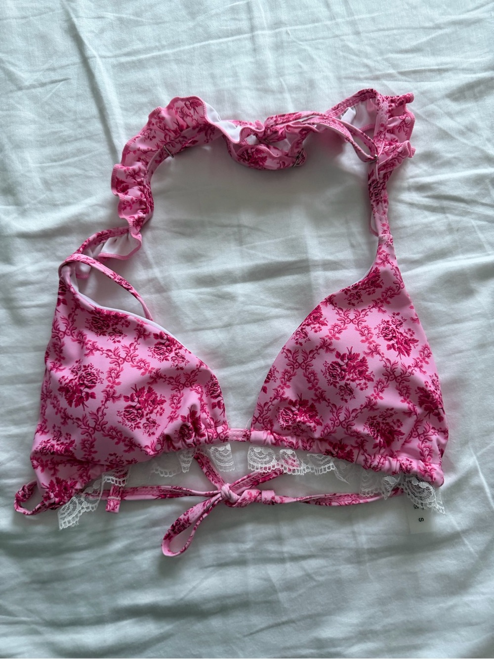 Pink Floral Lace-Trim Triangle Bralette